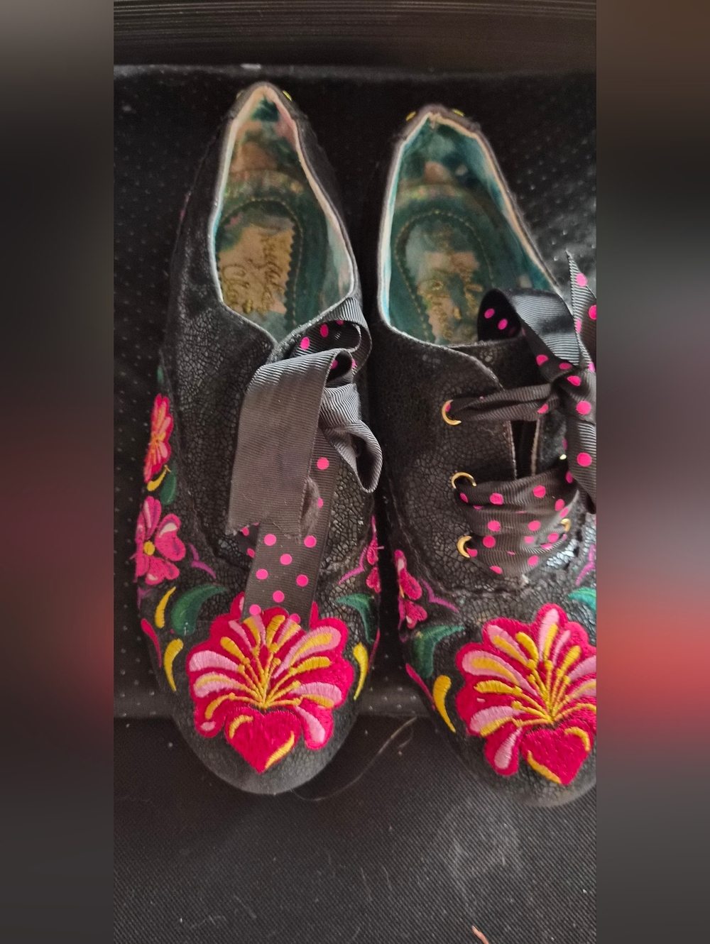 Irregular Choice Black Flats with Pink & Yellow Floral Embroidery